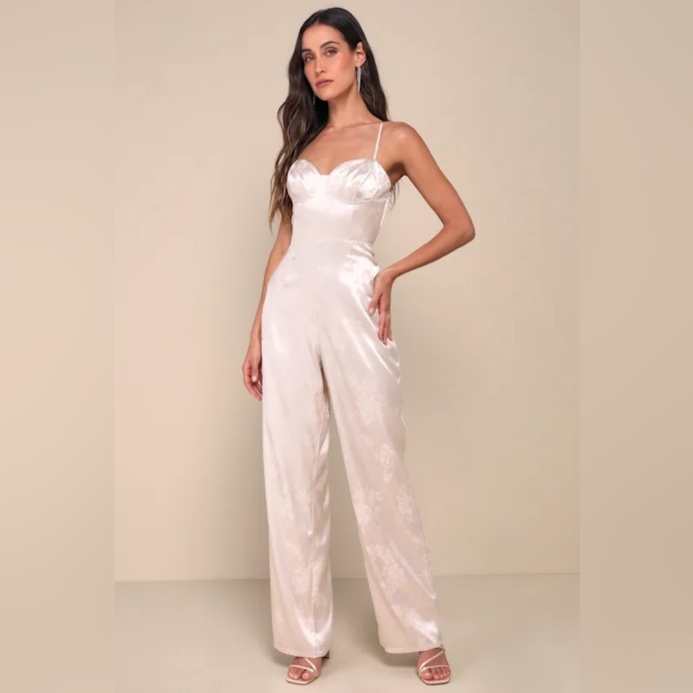 Lulu's Cream Satin Jumpsuit